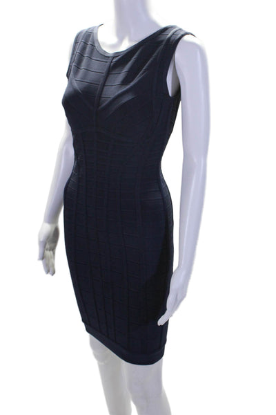 Herve Leger Womens Round Neck Zipped Midi Bandage Bodycon Dress Navy Size S