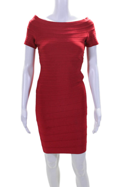 Herve Leger Womens Round Neck Short Sleeve Bandage Bodycon Dress Red Size S