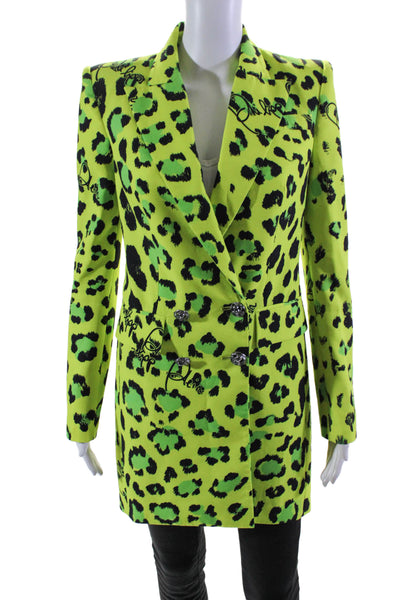 Philipp Plein Womens Green Leopard Print Double Breasted Long Jacket Size XS