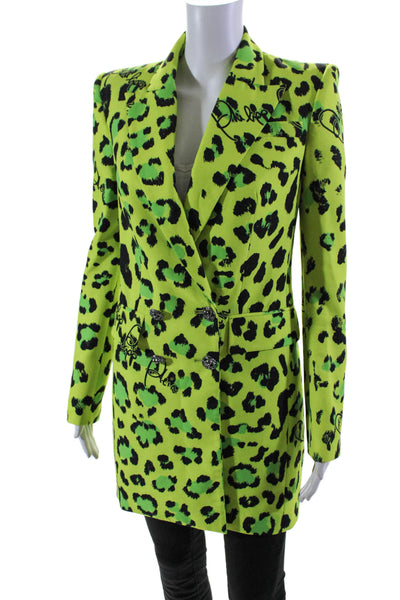 Philipp Plein Womens Green Leopard Print Double Breasted Long Jacket Size XS