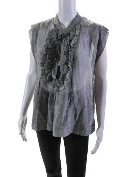 Seventy Womens Cotton Ruffle Detail Sleeveless Pullover Blouse Top Gray Size 42