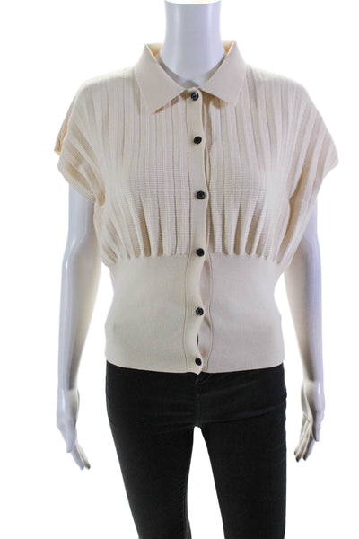 Wynn Hamlyn Womens Collared Sleeveless Button Up Knit Blouse Top Beige Size S