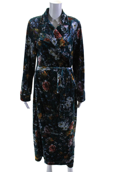 Diamond Tea Womens Velvet Floral Print Collared Longline Robe Blue Size S