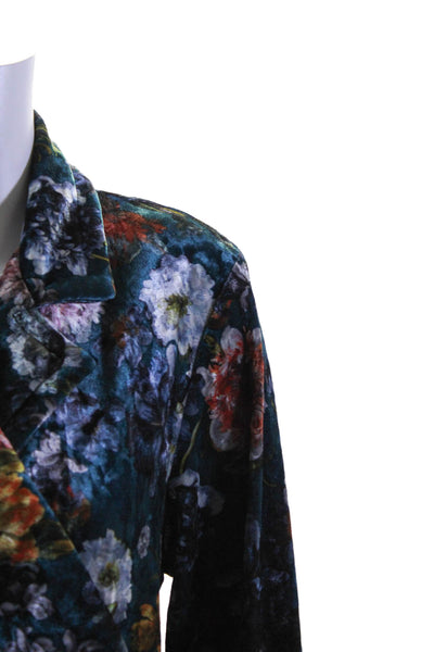 Diamond Tea Womens Velvet Floral Print Collared Longline Robe Blue Size S