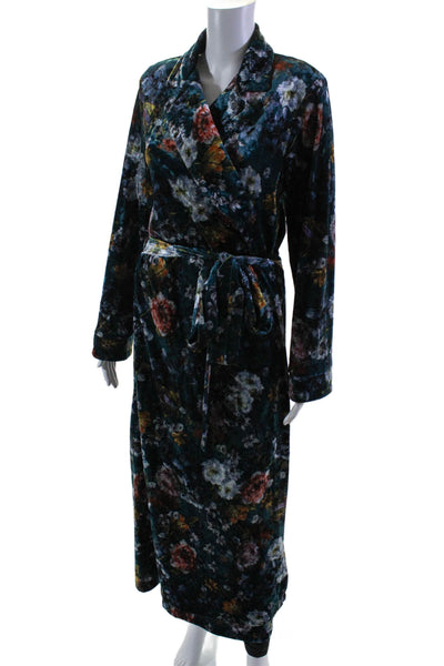 Diamond Tea Womens Velvet Floral Print Collared Longline Robe Blue Size S