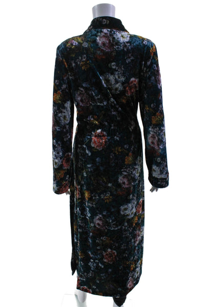 Diamond Tea Womens Velvet Floral Print Collared Longline Robe Blue Size S