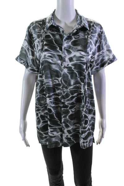 Ser.O.Ya Womens Silk Abstract Short Sleeve Button Up Blouse Top Gray Size XS