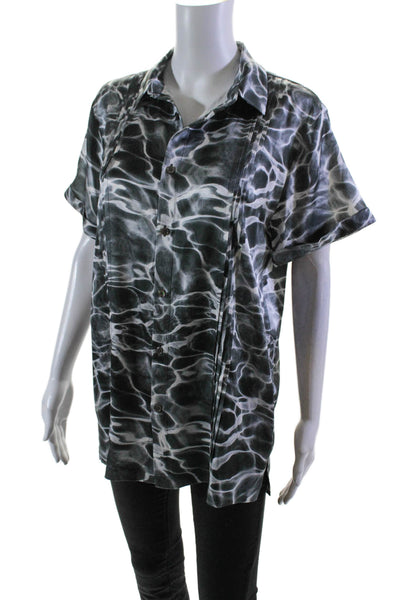 Ser.O.Ya Womens Silk Abstract Short Sleeve Button Up Blouse Top Gray Size XS