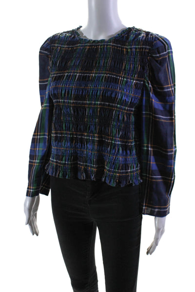 Tanya Taylor Womens Ruched Plaid Round Neck Long Sleeve Blouse Top Navy Size M