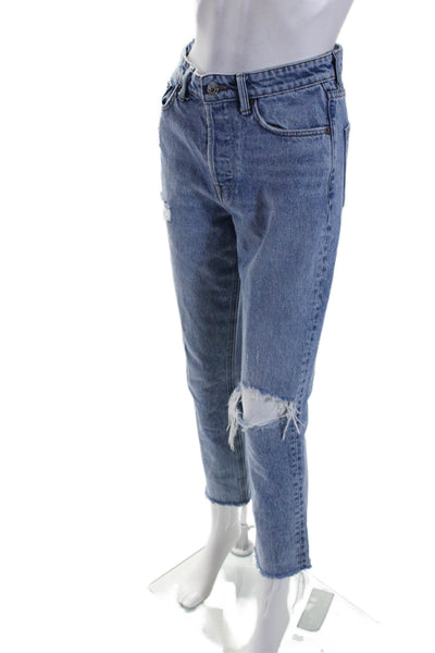 Grlfrnd Womens The Karolina Distressed High Rise Straight Cropped Jeans Blue 24