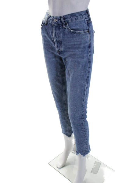 Agolde Womens Button Fly Mid Rise Fringe Cropped Jeans Blue Denim Size 24