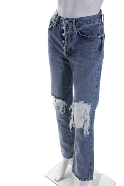 Agolde Womens Button Fly High Rise Distressed Straight Leg Jeans Blue Denim 23