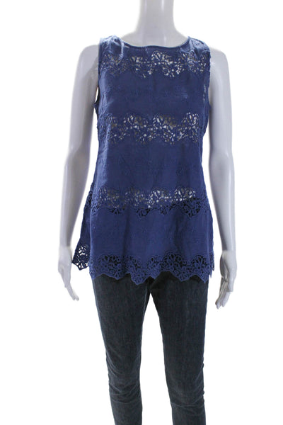 Anne Fontaine Womens Cotton Floral Embroidery Sleeveless Blouse Blue Size 40