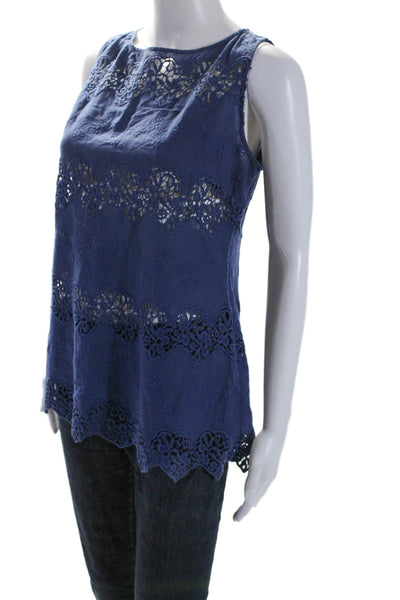 Anne Fontaine Womens Cotton Floral Embroidery Sleeveless Blouse Blue Size 40