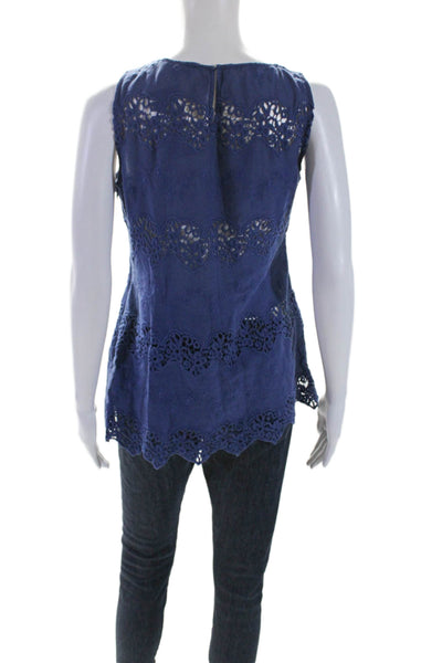 Anne Fontaine Womens Cotton Floral Embroidery Sleeveless Blouse Blue Size 40