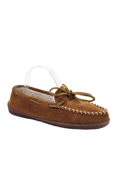 Minnetonka Womens Suede Lace Up Slide On Moccasin Flats Saddle Brown Size 8.5