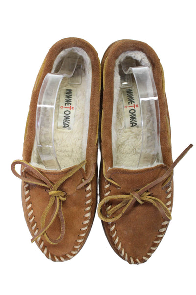 Minnetonka Womens Suede Lace Up Slide On Moccasin Flats Saddle Brown Size 8.5