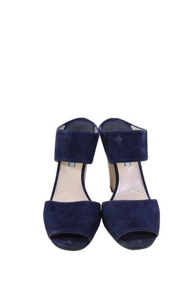 Prada Women's Open Toe Suede Slip-On Wedge Sandals Navy Blue Size 9