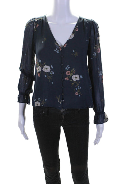 Joie Womens Silk Long Sleeve V Neck Floral Print Blouse Blue Size XXS