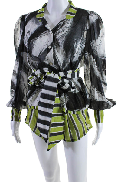 Regina Donde Womens Black Green Printed Long Sleeve Shirt Shorts Set Size S