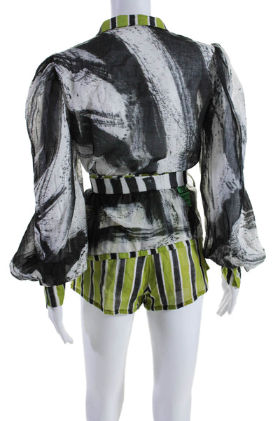 Regina Donde Womens Black Green Printed Long Sleeve Shirt Shorts Set Size S