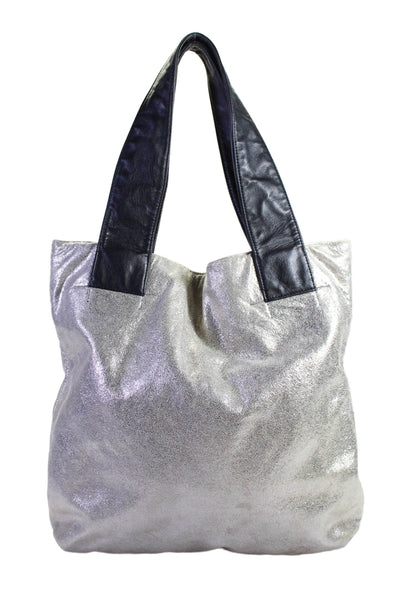 Michelle Vale Womens Metallic Silver Textured Shoulder Tote Bag Handbag