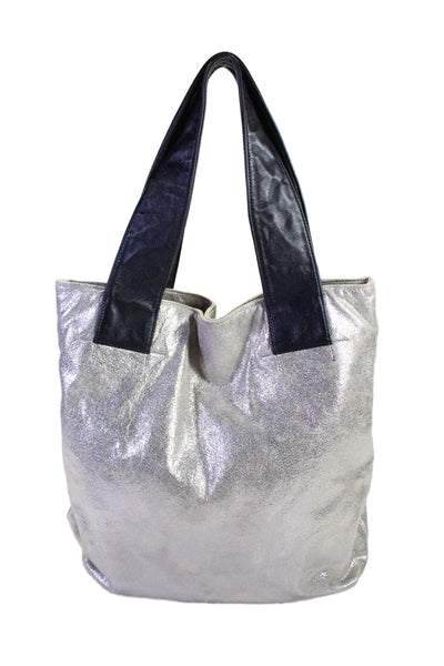 Michelle Vale Womens Metallic Silver Textured Shoulder Tote Bag Handbag