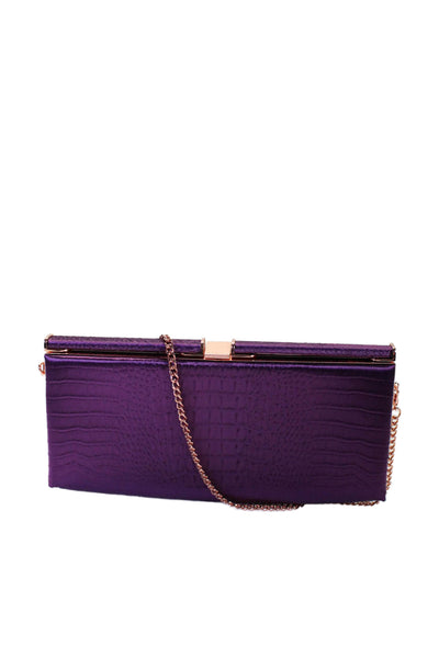 Ted Baker Satin Alligator Embossed Chain Link Clutch Shoulder Handbag Purple