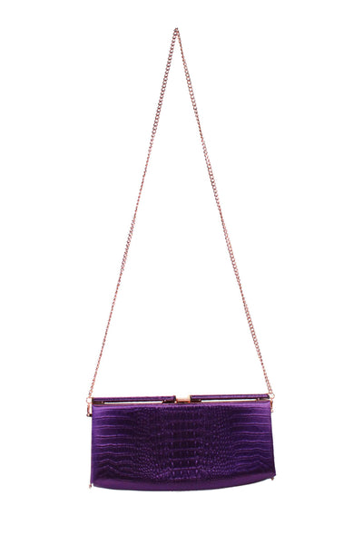 Ted Baker Satin Alligator Embossed Chain Link Clutch Shoulder Handbag Purple