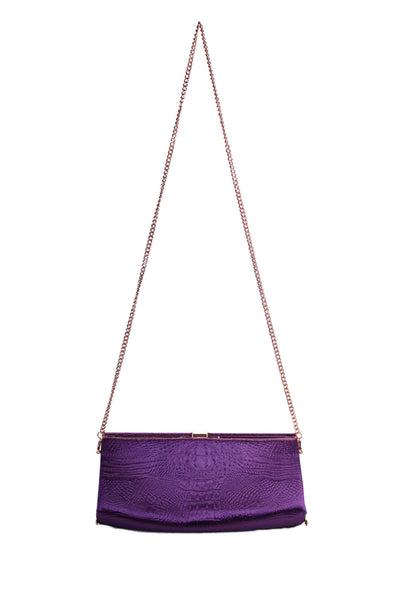 Ted Baker Satin Alligator Embossed Chain Link Clutch Shoulder Handbag Purple