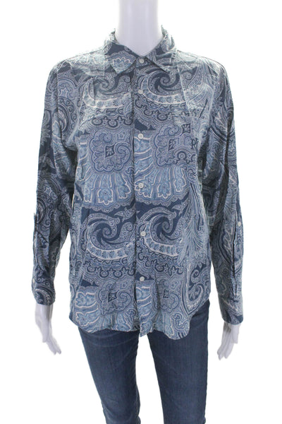 Lauren Ralph Lauren Womens Paisley Print Button Down Shirt Blue White Size Small