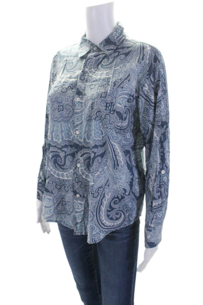 Lauren Ralph Lauren Womens Paisley Print Button Down Shirt Blue White Size Small