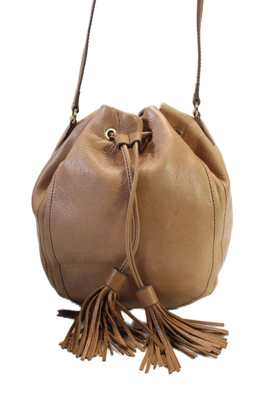 J Crew Womens Leather Gold Tone Drawstring Crossbody Shoulder Handbag Brown