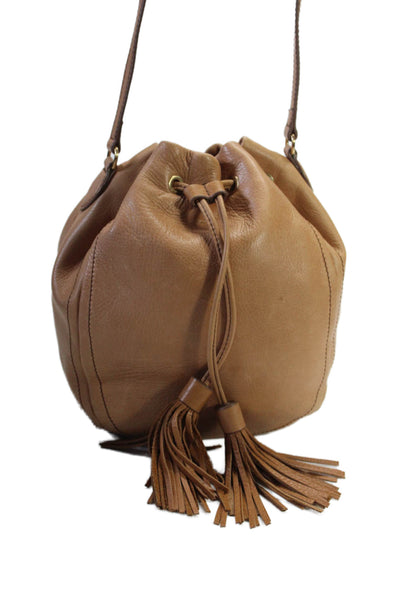 J Crew Womens Leather Gold Tone Drawstring Crossbody Shoulder Handbag Brown