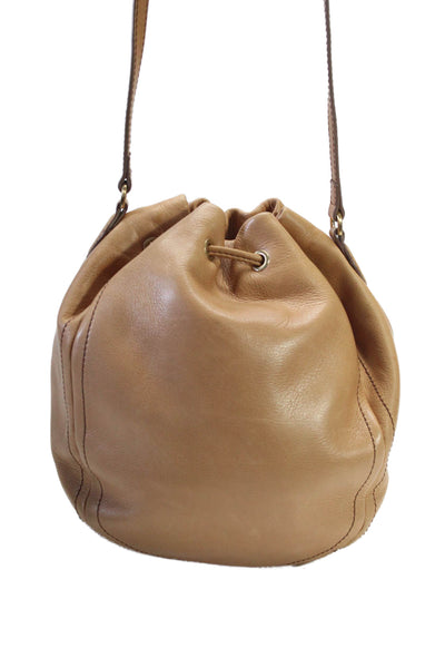 J Crew Womens Leather Gold Tone Drawstring Crossbody Shoulder Handbag Brown