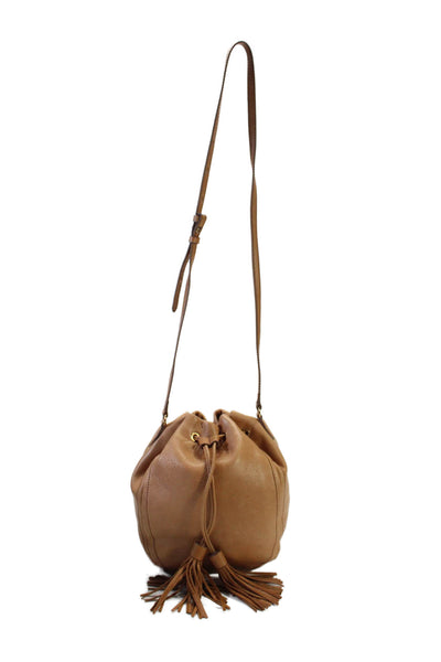 J Crew Womens Leather Gold Tone Drawstring Crossbody Shoulder Handbag Brown