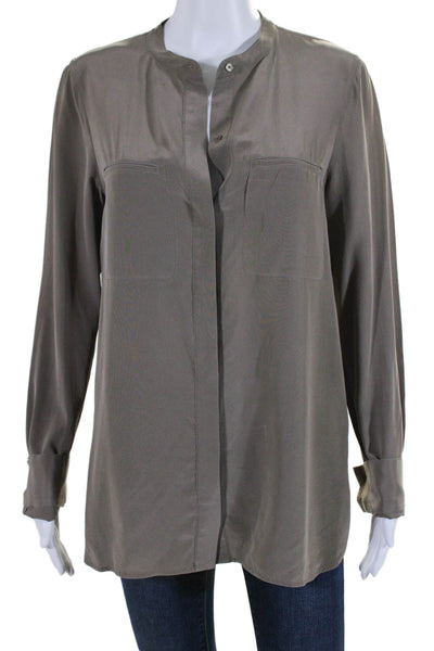 Vince Womens Button Front Long Sleeve Silk Pocket Shirt Brown Size 8