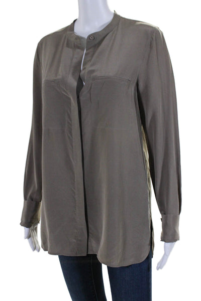 Vince Womens Button Front Long Sleeve Silk Pocket Shirt Brown Size 8