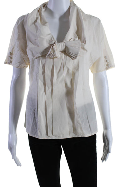 Monica Ricci Womens Silk Short Sleeve Pleated Bow Blouse Top Cream White Size 8