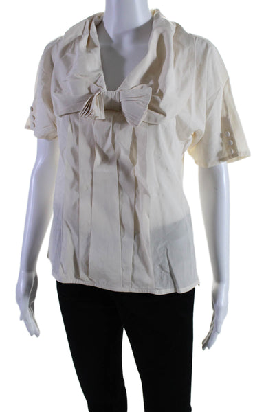 Monica Ricci Womens Silk Short Sleeve Pleated Bow Blouse Top Cream White Size 8