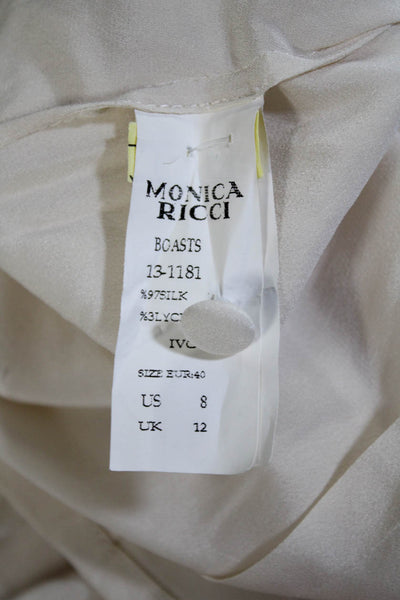 Monica Ricci Womens Silk Short Sleeve Pleated Bow Blouse Top Cream White Size 8