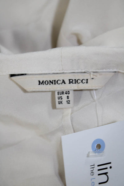 Monica Ricci Womens Silk Short Sleeve Pleated Bow Blouse Top Cream White Size 8