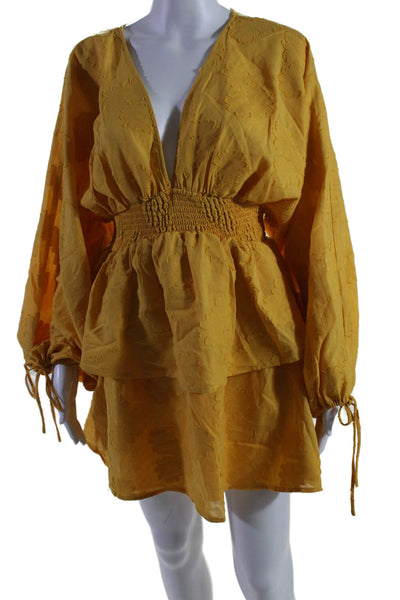 Tularosa Womens Long Sleeve V Neck Tiered Flare Dress Yellow Small