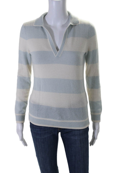 Minnie Rose Womens Cashmere Striped Sweater Sky Blue White Size Extra Small