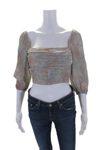 Wilfred Womens Floral Print Ruched Zip Crop Bishop Sleeve Blouse Gray Size 2XS