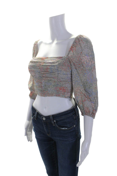 Wilfred Womens Floral Print Ruched Zip Crop Bishop Sleeve Blouse Gray Size 2XS