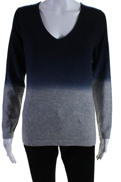 Pure Collection Womens Long Sleeve Ombre V Neck Cashmere Sweater Navy Size 6