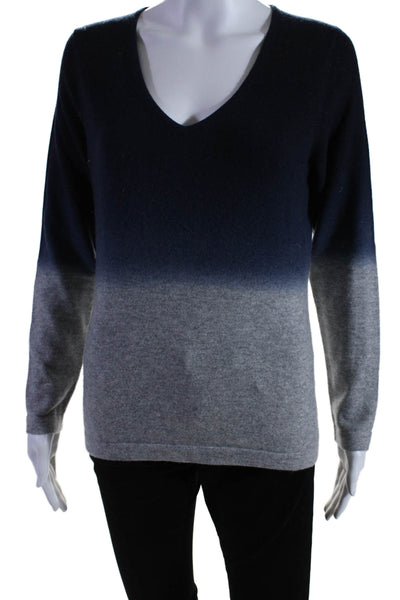 Pure Collection Womens Long Sleeve Ombre V Neck Cashmere Sweater Navy Size 6