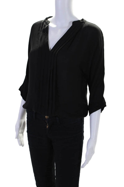 Joie Womens Silk Chiffon Pintuck V-Neck 3/4 Sleeve Bubble Blouse Black Size XS