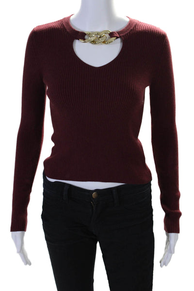 Michael Michael Kors Women's Round Neck Long Sleeves Ribbed Sweater Burgundy Siz